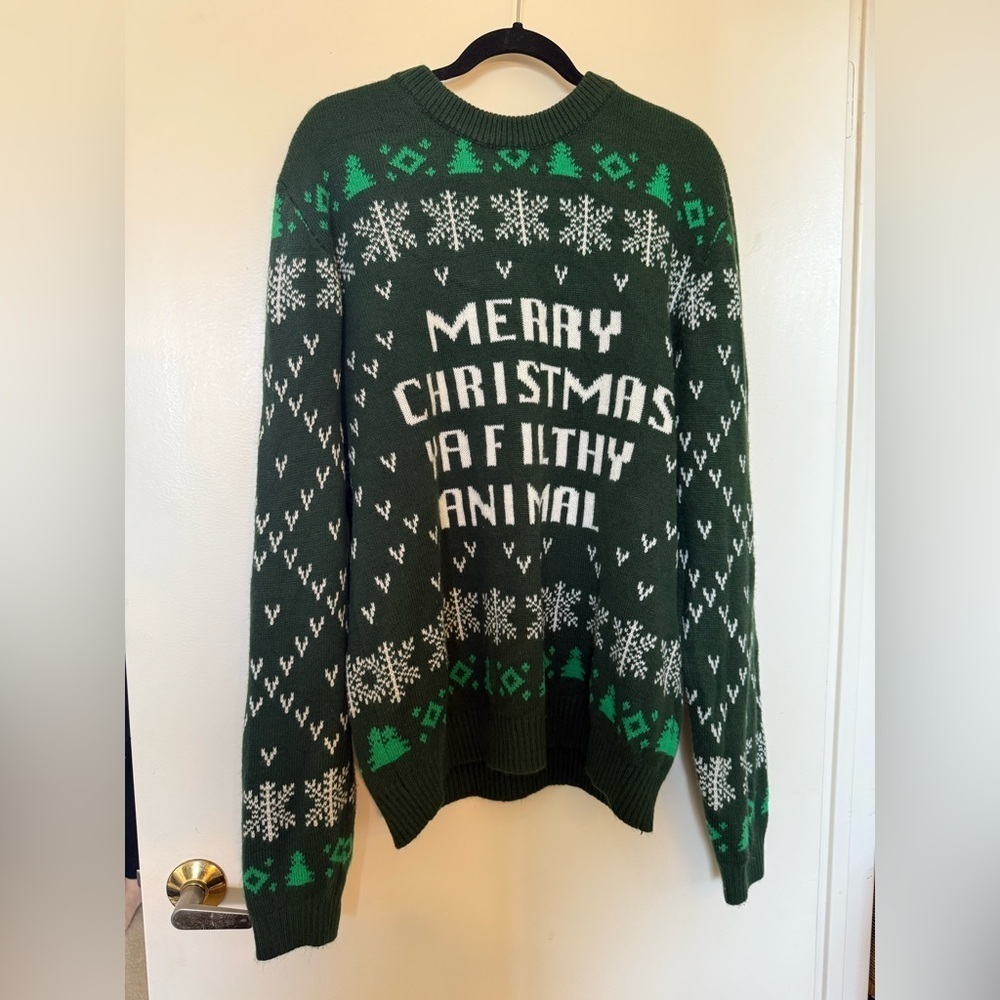 “Merry Christmas You Filthy Animal” Long Sleeve Green Christmas Sweater in XXL